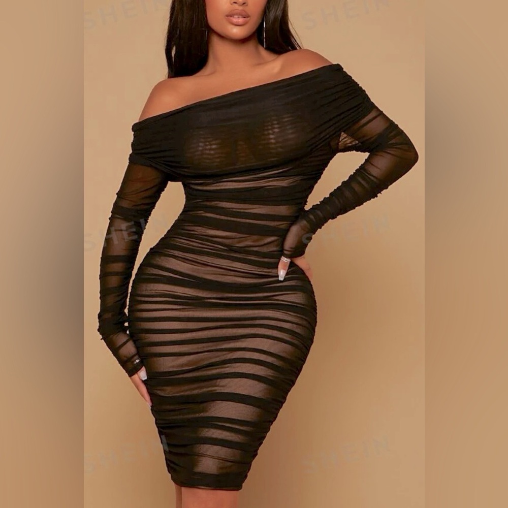 Black Off Shoulder Ruched Mesh Bodycon Dress Size Large